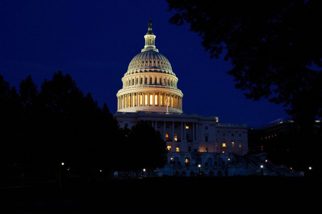 Capital building lit up at night