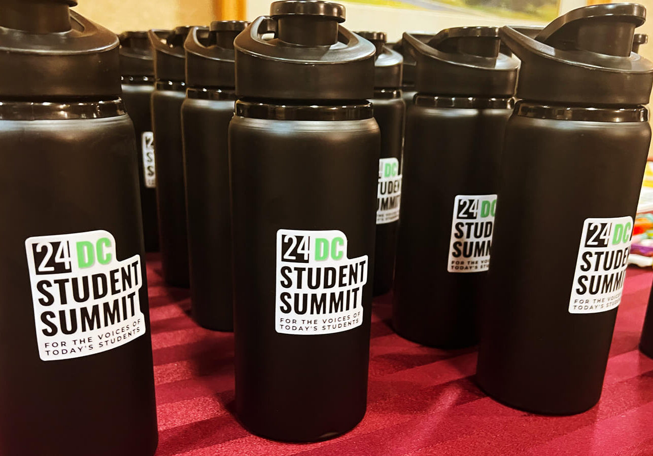 Branded water bottles at the DC Student Summit