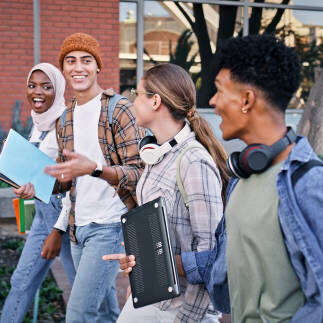 Friends, group and walking to college class, talking and share knowledge on module. People, learners and outside for social project discussion, speaking and together for trip to university lesson