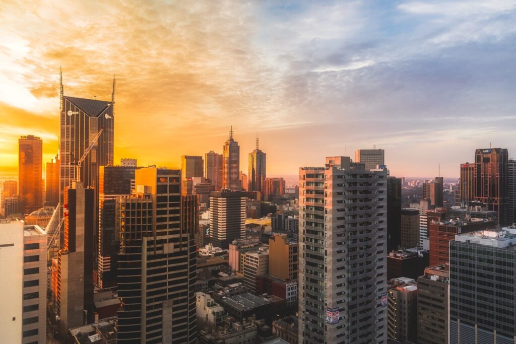 city skyline at sunset