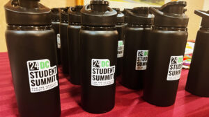 Branded water bottles at the DC Student Summit